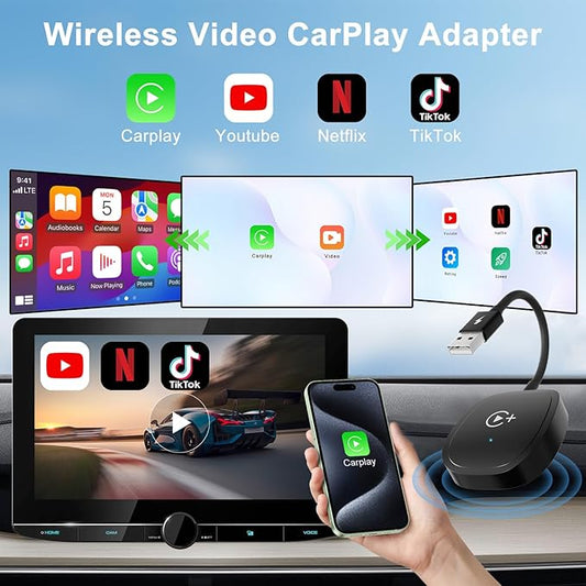 Wireless CarPlay Adapter, CarPlay Wireless Adapter Supports Netflix, YouTube, and Tiktok Stream Media Play, for OEM Wired CarPlay to Wireless Dongle